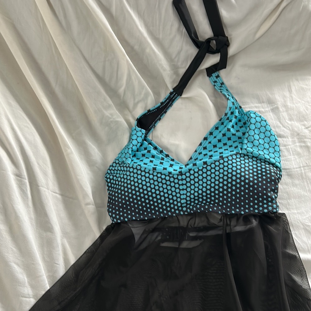 Swimsuit, sheer, mesh handkerchief halter, tankini. Blue and black size L.